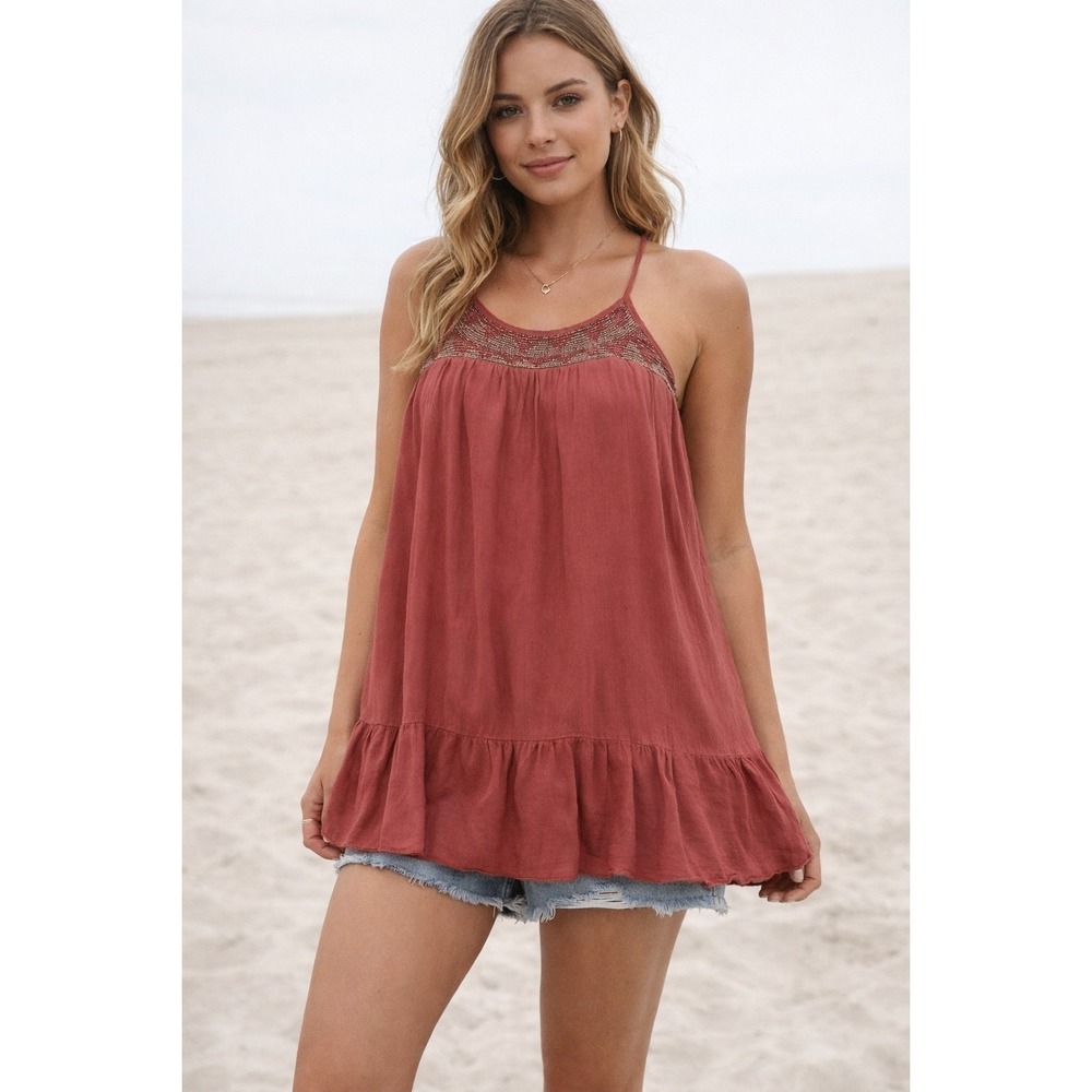 En Creme Blouse Women's Medium Rust Coral Flowy‎ Tank Top Spaghetti Strap Casual